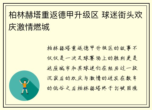 柏林赫塔重返德甲升级区 球迷街头欢庆激情燃城